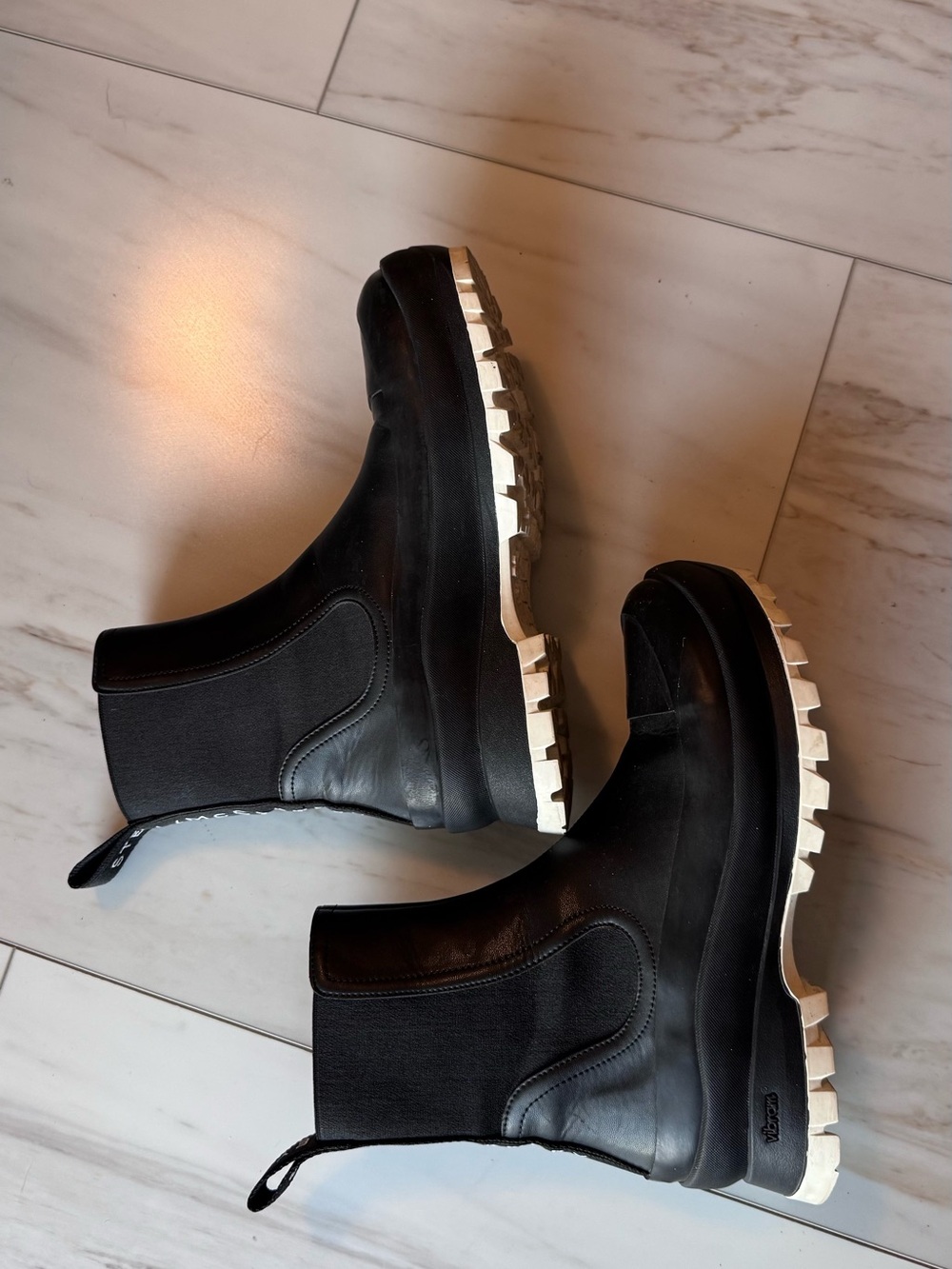 Stella McCartney Black Leather Chelsea Booties with White Lug Sole - Picture 6 of 6